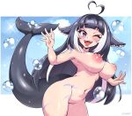  1girl ahoge bebatch black_hair blush body_markings breasts cetacean_tail cloud cloudy_sky commentary completely_nude english_commentary eyelashes fang fish_tail heart heart_ahoge highres indie_virtual_youtuber large_breasts long_hair looking_at_viewer navel nipples nude one_eye_closed purple_eyes shylily sky tail tongue tongue_out virtual_youtuber water_drop white_hair 