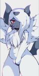 absol anthro belly belly_squish female generation_3_pokemon hi_res koivyx masturbation mega_absol mega_evolution nintendo pokemon pokemon_(species) red_eyes solo squish thick_thighs video_games white_body 