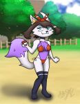  absoldraws absurd_res anthro bikini black_hair breasts canid canine cleavage clothed clothed/nude clothing dash domestic_cat felid feline felis female fluffy fluffy_tail forest fox fur hair hi_res hybrid invalid_tag legwear mammal may_(pok&eacute;mon) nintendo nude plant pokeball pokemon purple_body purple_fur solo string_bikini swimwear thigh thigh_highs tree video_games white_body white_fur wide_hips 