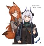  2girls absurdres animal_ear_fluff animal_ears arknights black_gloves black_jacket black_shirt blush breasts brown_hair collared_shirt dragon_girl dragon_horns dragon_tail fox_ears fox_girl fox_tail franka_(arknights) gloves green_scarf grey_hair grey_shirt hands_on_another&#039;s_shoulders highres horns jacket liskarm_(arknights) looking_at_viewer multiple_girls open_clothes open_jacket parted_lips ponytail scarf shirt sidelocks simple_background sleeves_rolled_up smile suika_aji sweatdrop tail translation_request upper_body white_background yellow_eyes 