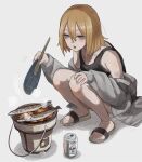  1girl :d asahi_breweries beer_can blonde_hair blue_eyes blush can cooking fish grill hair_between_eyes hand_fan highres holding holding_fan jacket medium_hair off_shoulder open_mouth original sandals scar shichirin smile solo squatting tabao 