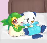  bed blue_body duo female frown furniture generation_5_pokemon genitals green_body looking_at_viewer nafsek nintendo on_bed oshawott pokemon pokemon_(species) pussy red_eyes snivy spread_legs spreading video_games 