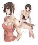  1girl absurdres bare_shoulders black_bra black_hair black_panties bra bracelet breasts cleavage feet_out_of_frame grey_eyes hair_between_eyes highres jewelry large_breasts looking_at_viewer midriff mikasa_ackerman multiple_views navel panties pink_shirt pxldrp scar scar_on_cheek scar_on_face shingeki_no_kyojin shirt short_hair sideboob sitting sleeveless sleeveless_shirt smile sweatdrop toned twitter_username underwear upper_body white_background 