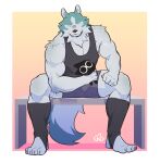  absurd_res anthro biceps blue_body blue_fur bottomwear brand_new_animal canid canine canis clothed clothing collar footwear fur hi_res looking_at_viewer male mammal muscular muscular_anthro muscular_male ni_draw shirou_ogami shirt shorts sitting socks solo studio_trigger tank_top toeless_footwear toeless_socks topwear white_body white_fur wolf 