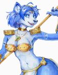  akatan_art anthro blue_body blue_eyes blue_fur blue_hair bottomwear canid canine canis cheek_tuft clothed clothing eyelashes facial_tuft fangs female front_view fur glistening glistening_eyes gold_accessory hair half-length_portrait hi_res holding_object jewelry krystal light_body light_fur loincloth looking_at_viewer mammal necklace nintendo open_mouth open_smile portrait shoulder_pads simple_background skimpy smile solo standing star_fox tuft unsigned video_games white_background wolf 