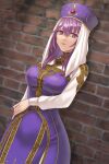  1girl absurdres brick_wall cowboy_shot dress dutch_angle eremiya fire_emblem fire_emblem:_new_mystery_of_the_emblem hat hazuki_(nyorosuke) highres long_dress long_sleeves looking_at_viewer medium_hair purple_dress purple_eyes purple_hair purple_headwear shirt simple_background solo veil white_shirt white_veil 