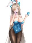  1girl absurdly_long_hair animal_ears asuna_(blue_archive) asuna_(bunny)_(blue_archive) blonde_hair blue_archive blue_eyes blue_leotard breasts brown_pantyhose card cellphone cleavage fake_animal_ears grin halo highres holding holding_card holding_phone large_breasts leotard long_hair mole mole_on_breast official_alternate_costume pantyhose phone playboy_bunny rabbit_ears raurashun selfie simple_background smartphone smile solo straight_hair thigh_gap thighband_pantyhose very_long_hair white_background 