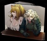  2girls absurdres animal_ears arknights black_collar black_gloves black_hair blue_jacket breasts brown_eyes brown_hair candy cleavage collar fang food fur-trimmed_jacket fur_trim gloves green_shirt gwangvt highres indra_(arknights) jacket large_breasts lion_ears lollipop long_sleeves looking_at_viewer mouth_hold multicolored_hair multiple_girls official_art open_clothes open_jacket open_mouth ponytail scar scar_on_face scar_on_nose shirt siege_(arknights) sitting streaked_hair studded_collar table tank_top tiger_ears tiger_girl white_hair white_tank_top yellow_eyes 