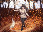  1girl alternate_costume animal_ears antlers autumn autumn_leaves belt boots breasts brown_eyes brown_hair dress highres holding holding_polearm holding_weapon kemono_friends large_breasts light_rays long_hair longhorn_lance mo23 moose_(kemono_friends) moose_ears moose_girl moose_tail pants polearm sandstar smile solo sunbeam sunlight sweater sweater_dress tail tree weapon zipper_footwear 