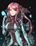  1girl artist_name bangs blue_eyes body_armor bodysuit breasts bug butterfly hair_ornament humanization large_breasts looking_at_viewer pig_tail pink_hair signature simple_background smile solo spikes tail titania_(warframe) warframe zxpfer 
