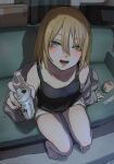  1girl :d asahi_breweries bare_shoulders barefoot beer_can blonde_hair blue_eyes blush breasts can couch food hair_between_eyes highres jacket looking_at_viewer medium_hair off_shoulder open_mouth original pudding shorts sitting smile solo spoon tabao tank_top teeth 
