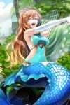  1girl :d bangs blue_eyes breasts brown_hair cloud commentary_request covered_navel elbow_gloves fins gloves head_fins highres ivuki large_breasts long_hair mermaid monster_girl open_mouth original outdoors outstretched_arms ruins sitting smile solo upper_body white_gloves 