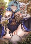  1girl 3boys blue_hair breast_grab breasts breasts_out clenched_teeth deep_skin defeat eula_(genshin_impact) gangbang genshin_impact grabbing groping group_sex highres hilichurl_(genshin_impact) imminent_penetration imminent_vaginal large_breasts leotard multiple_boys nipples penis purple_eyes pussy rape tearing_up teeth thighhighs torn_clothes torn_leotard yougen_kitsune 