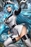 1girl akame_ga_kill! blue_eyes blue_hair breasts cleavage english_commentary esdeath hair_between_eyes highres holding holding_sword holding_weapon large_breasts long_hair long_sleeves looking_at_viewer neoartcore patreon_username solo standing standing_on_one_leg sword thighs very_long_hair weapon white_footwear white_headwear 