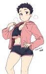  1girl black_hair black_shorts blush breast_curtains breasts brown_eyes cleavage dolphin_shorts hood hoodie hot large_breasts open_clothes open_hoodie original pink_hoodie short_hair shorts solo sweat tsukudani_(coke-buta) underboob very_short_hair 