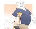  2022 anthro belly big_belly bottomwear canid canine canis clothing domestic_dog duo eyes_closed hi_res inunoshippo kemono laugh male mammal overweight overweight_male pants scarf shirt size_difference topwear 