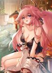  1girl :d absurdres animal_ears bare_shoulders black_camisole black_panties blush breasts camisole cleavage collarbone earrings floppy_ears fox_ears fox_tail genshin_impact guzangnanfeng hair_between_eyes hair_ornament highres jewelry long_hair long_sleeves looking_at_viewer onsen panties parted_lips pink_tail plant potted_plant purple_eyes sitting smile solo strap_slip tail thighs towel underwear water yae_miko 
