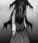  1girl bangs collared_shirt commentary_request cowboy_shot demon_girl demon_wings greyscale hair_between_eyes head_wings koakuma koishi_komeiji&#039;s_heart-throbbing_adventure koyubi_(littlefinger1988) long_hair long_sleeves low_wings messy_hair monochrome multiple_tongues necktie open_mouth sharp_teeth shirt skirt skirt_set smile solo teeth tongue tongue_out touhou vest wings 