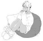  1girl bean_bag butakun can controller drinking ear_piercing earrings full_body greyscale gyaru hair_between_eyes holding holding_can jewelry looking_at_viewer loose_socks monochrome multicolored_hair multiple_piercings original piercing pillow short_hair short_hair_with_long_locks signature sitting slippers socks solo sweater thighs two-tone_hair undercut very_short_hair white_background 