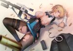  1girl bangs black_jacket black_pantyhose blonde_hair blue_bow blue_bowtie blue_eyes blue_panties blue_skirt blush bow bowtie breasts chest_harness cleavage collared_shirt commentary covered_nipples cuffs girls&#039;_frontline gun hair_between_eyes hair_ornament handcuffs harness highres holding holding_gun holding_weapon jacket jacket_removed large_breasts long_sleeves looking_at_viewer lying magazine_(weapon) mole mole_on_breast mole_under_eye no_bra on_back panties pantyhose pantyshot parted_lips pencil_skirt shadow shell_casing shigma shirt shirt_tucked_in short_hair sidelocks skindentation skirt snap-fit_buckle snowflake_hair_ornament solo striped striped_bow striped_bowtie torn_clothes torn_legwear torn_shirt torn_skirt underbust underwear vsk-94 vsk-94_(girls&#039;_frontline) weapon white_shirt 