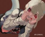 1girl @_@ artist_name black_pants black_vest blonde_hair blood blood_from_eyes blood_from_mouth blood_on_face blue_vest brown_background collared_shirt colored_sclera cracked_skin extra_mouth finger_in_own_mouth grey_sclera grey_shirt grey_tail grin hands_on_own_cheeks hands_on_own_face hands_up highres long_sleeves looking_at_viewer mismatched_pupils monster_girl multicolored_eyes original pants red_eyes sharp_teeth shirt short_hair sidelocks simple_background smile solo sweater_vest tail teeth tongue twitter_username upper_body vest yellow_eyes yunimaru 