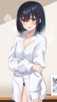  1girl bangs black_hair black_panties blue_eyes blush breasts hair_between_eyes hand_on_own_arm highres indoors komori_kuzuyu long_sleeves looking_at_viewer medium_breasts open_clothes open_mouth original panties shirt smile solo steam underwear white_shirt 