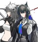  2girls absurdres animal_ears arknights black_cape black_jacket black_vest blood blood_on_face blue_eyes blue_gloves blue_necktie breasts cape collared_shirt extra_ears gloves hair_between_eyes hair_ornament hairclip hand_up highres jacket joshua_(shisanli934) lappland_(arknights) messy_hair midriff multiple_girls navel necktie open_clothes open_jacket over_shoulder red_eyes shirt simple_background sketch small_breasts sword sword_over_shoulder texas_(arknights) texas_the_omertosa_(arknights) vest weapon weapon_over_shoulder white_background white_bandeau white_shirt wolf_ears wolf_girl 
