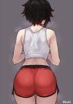  1girl ass bare_arms black_hair bluefield choker cowboy_shot facing_away from_behind grey_background highres multicolored_hair red_hair red_shorts ruby_rose rwby short_hair short_shorts shorts simple_background solo sweat two-tone_hair 