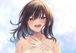  1girl :d absurdres asmr backlighting bangs bare_shoulders blue_eyes blurry blurry_background blush breasts brown_hair collarbone falling_petals hair_between_eyes hair_ornament hairclip half-closed_eyes highres jewelry kokusan_moyashi large_breasts long_hair looking_at_viewer nail_polish non-web_source nude open_mouth original petals pink_nails ring smile solo swept_bangs teeth upper_body 