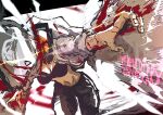  1girl black_pants blood blood_on_clothes blood_on_face blood_on_hands blood_on_weapon blood_spray breasts chainsaw_man collared_shirt d1thorneberry denji_(chainsaw_man) genderswap genderswap_(mtf) glowing glowing_eye highres hybrid medium_breasts midriff pants sharp_teeth shirt solo teeth thick_thighs thighs weapon white_background white_shirt 
