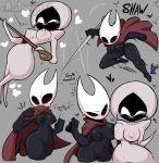  a_stranger12 annoyed anthro arthropod blush breast_squish breasts cloak clothing dialogue duo female hi_res hollow_eyes hollow_knight hornet_(hollow_knight) lace_(hollow_knight) laugh protagonist_(hollow_knight) silk squish suspended_in_midair team_cherry thick_thighs vessel_(species) video_games weapon white_eyes 