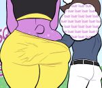  absurd_res animal_crossing anthro belt big_butt black_clothing black_topwear blue_clothing blue_shirt blue_topwear bottomwear brown_hair butt butt_cleavage butt_grab clothing dialogue duo female freckles freckles_on_butt fur grope hair hand_on_butt hi_res human larger_female lovetopullmicke male mammal megan_(animal_crossing) nintendo pants purple_body purple_fur rear_view shirt size_difference smaller_male tan_body tan_skin text thick_thighs thought_bubble topwear ursid video_games villager_(animal_crossing) white_bottomwear white_clothing white_pants wide_hips yellow_bottomwear yellow_clothing yellow_pants 