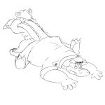  2021 4_fingers alligator alligatorid anthro biped bottomwear brok_(character) brok_the_investigator clothing crocodilian domestic_cat duo felid feline felis fingers graff_filsh hi_res lying mammal pants randomkooldude reptile scalie shirt simple_background sketch slightly_chubby topwear video_games 