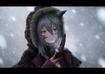  1girl 3v_ju absurdres animal_ears arknights blood blood_on_face blood_on_hands blood_on_knife dated fur-trimmed_hood fur_trim grey_background grey_hair hair_between_eyes hand_up highres holding holding_knife hood hood_up hooded_jacket jacket knife letterboxed long_hair long_sleeves mask mask_around_neck outdoors parted_lips portrait projekt_red_(arknights) red_jacket signature smile snow solo wolf_ears wolf_girl yellow_eyes 