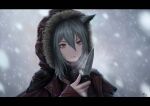  1girl 3v_ju absurdres animal_ears arknights dated fur-trimmed_hood fur_trim grey_background grey_hair hair_between_eyes hand_up highres holding holding_knife hood hood_up hooded_jacket jacket knife letterboxed long_hair long_sleeves mask mask_around_neck outdoors parted_lips portrait projekt_red_(arknights) red_jacket signature smile snow solo wolf_ears wolf_girl yellow_eyes 