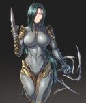  1girl arm_up ash_(warframe) bangs blue_eyes bodysuit breasts cleavage closed_mouth feet_out_of_frame frown glaive_(thrown_weapon) grey_hair hair_over_one_eye holding holding_weapon humanization large_breasts legs_together long_hair personification signature simple_background skin_tight solo very_long_hair warframe weapon wrist_blades zxpfer 