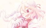  ahoge animal_on_arm bandages cherry_blossoms cuffs double_bun flower hair_bun ibaraki_kasen joyfull_(terrace) licking licking_another&#039;s_cheek licking_another&#039;s_face one_eye_closed pink_eyes pink_flower pink_hair pink_rose raijuu red_ribbon ribbon rose shackles simple_background tabard touhou 