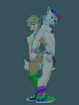  2017 anthro back_to_back bulge canid canine canis clothed clothing domestic_dog duo female footwear hat headgear headwear hi_res kokopelli-kid legwear male mammal pasties plantigrade shoes simple_background skimpy sneakers stockings 