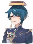  1boy bangs blue_hair book book_on_head cropped_torso earrings ebibi_chiriri genshin_impact genshin_impact_sticker_redraw_(meme) highres jewelry male_focus meme object_on_head orange_eyes parted_lips shaded_face simple_background single_earring solo sweat tassel tassel_earrings upper_body white_background xingqiu_(genshin_impact) 