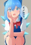  1girl :d blue_bow blue_eyes blue_hair bow cirno fang grey_background hair_between_eyes hair_bow hand_on_own_cheek hand_on_own_face hand_up highres ice ice_wings looking_at_viewer mizune_(winter) open_mouth smile solo squatting touhou wings 
