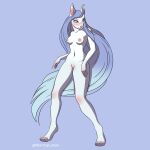  absurd_res blue_hair canid canine canis domestic_dog embarrassed female hair hi_res highlights_(coloring) mammal mommylemon nipples protruding_ears purple_hair solo white_body 