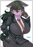  amber_eyes anthro arumo big_breasts black_body black_fur black_nose breasts business_suit canid canine canis clothing exy eyewear female fur glasses hair hi_res inner_ear_fluff kemono long_hair mammal multicolored_hair neck_tuft necktie purple_body purple_fur solo suit tuft two_tone_hair virtual_youtuber wolf 