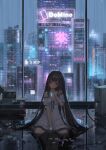  1girl bangs black_eyes black_hair cable catzz city cityscape computer computer_tower dress highres indoors long_hair night off-shoulder_dress off_shoulder original rain reflection scenery short_sleeves sitting solo water white_dress 