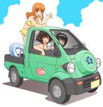  3girls :d akiyama_yukari anglerfish bangs bikini black_hair blunt_bangs brown_eyes brown_hair car daihatsu daihatsu_midget emblem girls_und_panzer ground_vehicle hairband long_hair looking_at_viewer messy_hair motor_vehicle multiple_girls ooarai_(emblem) orange_hair reizei_mako short_hair sleeping smile swimsuit takebe_saori uona_telepin white_hairband yellow_bikini 