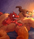  2022 anthro brown_body butt butt_slap digital_media_(artwork) dragonborn_(dnd) dungeons_and_dragons duo hasbro hi_res horn humor kobold koviell larger_male male male/male musclegut muscular muscular_anthro muscular_male nude overweight overweight_male red_body simple_background size_difference slap smile vulcan_(mike) wizards_of_the_coast yellowluster 