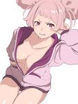 1girl absurdres afro_puffs angry bangs breasts chuatury_panlunch cleavage collarbone gundam gundam_suisei_no_majo highres jacket large_breasts no_bra open_clothes open_jacket parted_lips pink_eyes pink_hair pink_jacket shiny shiny_skin solo thighs v-shaped_eyebrows viride 