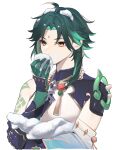  1boy :t aqua_hair arm_tattoo asymmetrical_gloves asymmetrical_sleeves bangs bead_necklace beads black_hair detached_sleeves eating ebibi_chiriri eyeshadow facial_mark forehead_mark genshin_impact genshin_impact_sticker_redraw_(meme) gloves gradient_hair green_hair highres holding jewelry makeup male_focus meme multicolored_hair necklace parted_bangs red_eyeshadow simple_background snow_on_head solo spiked_armor tattoo upper_body white_background xiao_(genshin_impact) yellow_eyes 