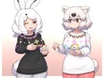  2girls :3 animal_ears arctic_hare_(kemono_friends) bear_ears bear_girl bear_tail black_sweater brown_eyes drill_hair food gradient gradient_background highres ice_cream ice_cream_cup kemono_friends medium_hair mo23 multiple_girls one_eye_closed polar_bear_(kemono_friends) rabbit_ears rabbit_girl rabbit_tail short_hair side_drill simple_background spoon sweater tail twin_drills white_hair 