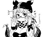  1girl animal_ear_headwear arknights breasts checkered_clothes checkered_scarf cleavage cleavage_cutout clothing_cutout deepcolor_(arknights) dress glasses greyscale highres large_breasts long_sleeves looking_at_viewer monochrome notice_lines scarf semi-rimless_eyewear short_hair simple_background sketch solo tentacles twitter_username under-rim_eyewear white_background yom_(ymayma00ss) 