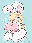 anthro areola big_breasts blonde_hair blue_eyes breasts crown english_text female genitals hair half-closed_eyes hi_res huge_breasts kneeling lagomorph leporid lewdchuu_(artist) mammal mario_plus_rabbids_sparks_of_hope multicolored_body narrowed_eyes navel nipples nude open_mouth pink_areola pink_nipples pussy rabbid rabbid_rosalina rabbit raving_rabbids rayman_(series) solo text thick_thighs two_tone_body ubisoft video_games 